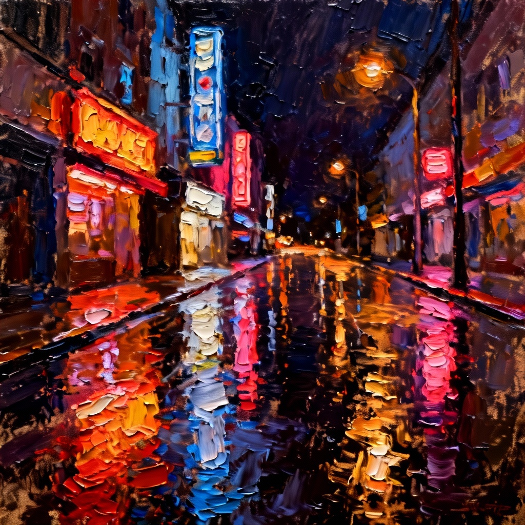 AI city scene with impasto oil paint brushstrokes at night