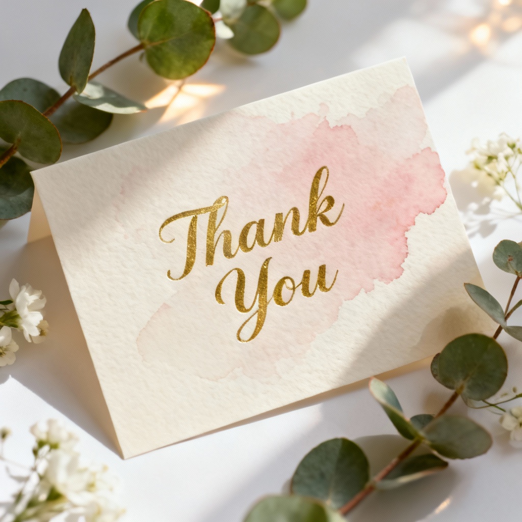 AI Wedding Thank You Card with gold script and floral accents