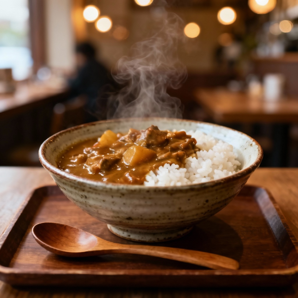 AI curry rice bowl in a warm restaurant setting with steam
