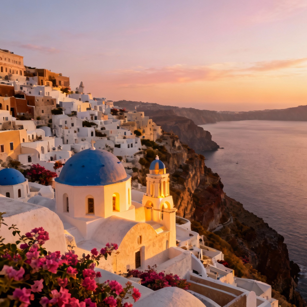 AI Santorini image of Oia blue domes at sunset overlooking the Aegean caldera