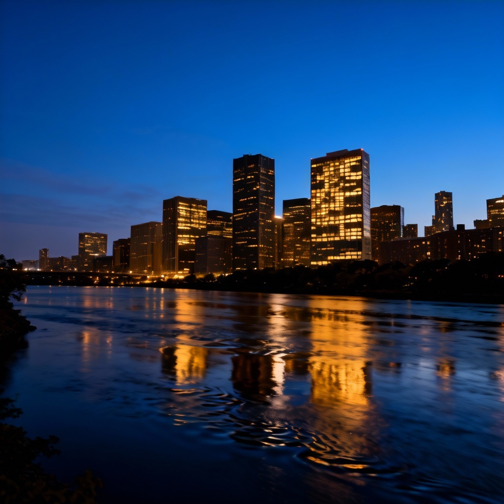 AI evening time city skyline during blue hour with warm lights