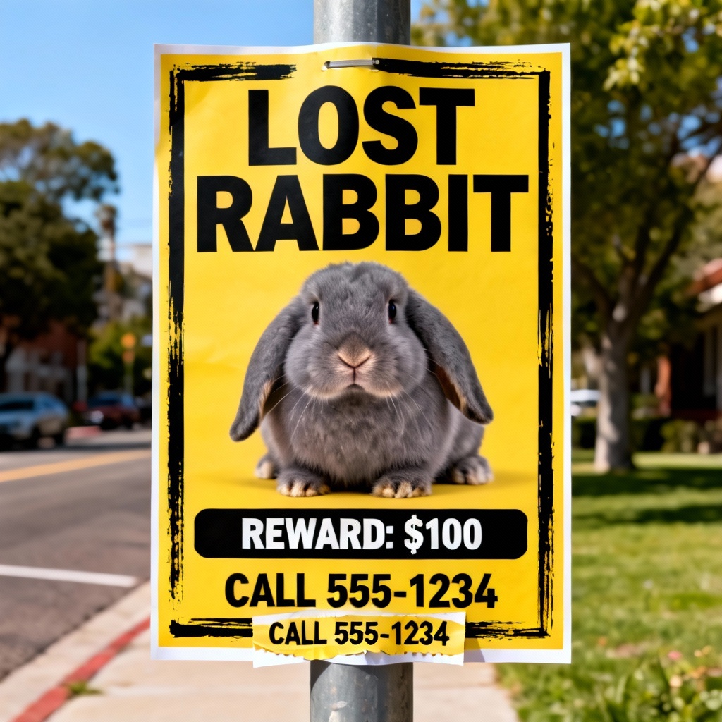 AI weatherproof lost rabbit sign with large headline