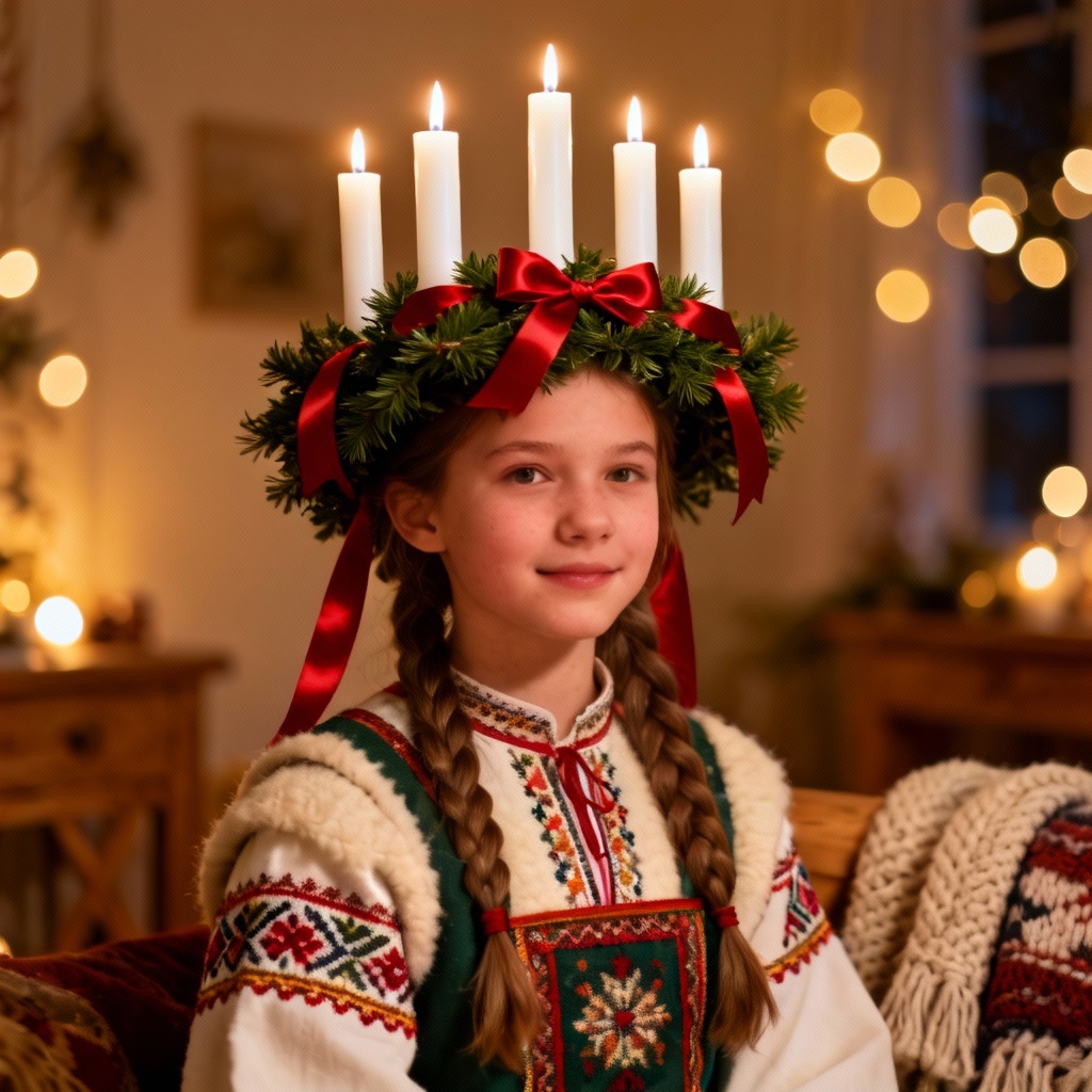 Traditional evergreen Lucia crown with five candles and red ribbon
