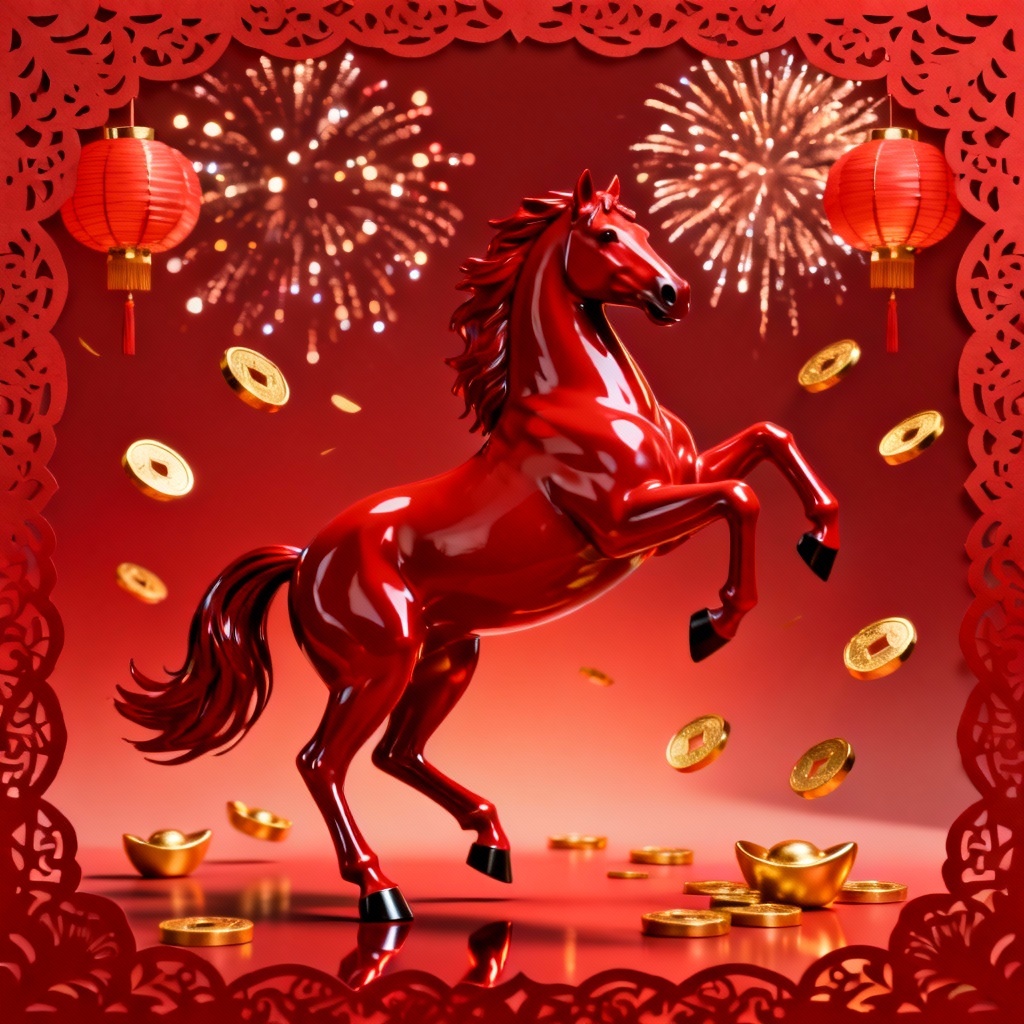 AI lunar prosperity red horse with coins and lanterns