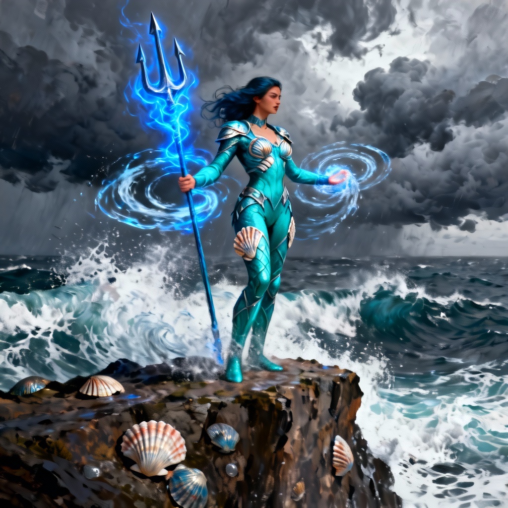 AI superheroine controlling ocean waves on a cliff