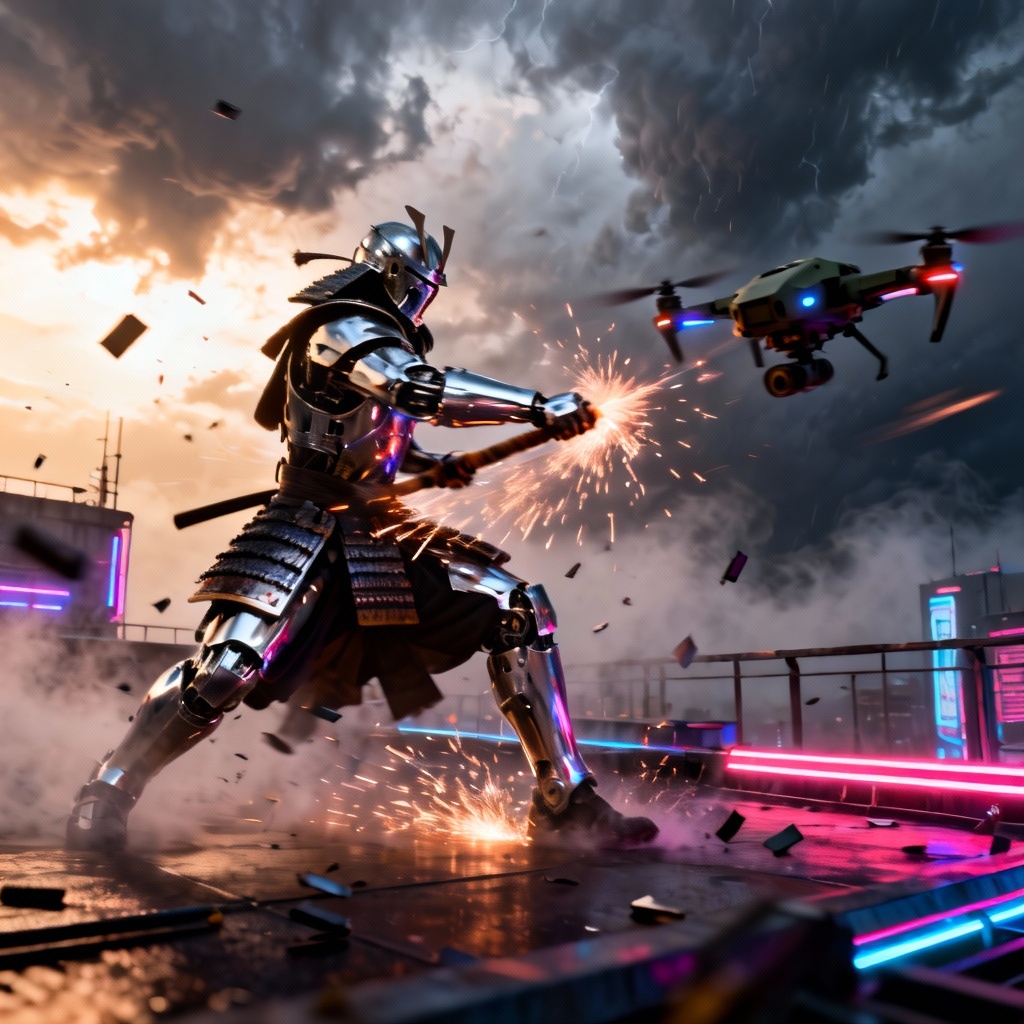 AI cyberpunk samurai battling drone on rooftop