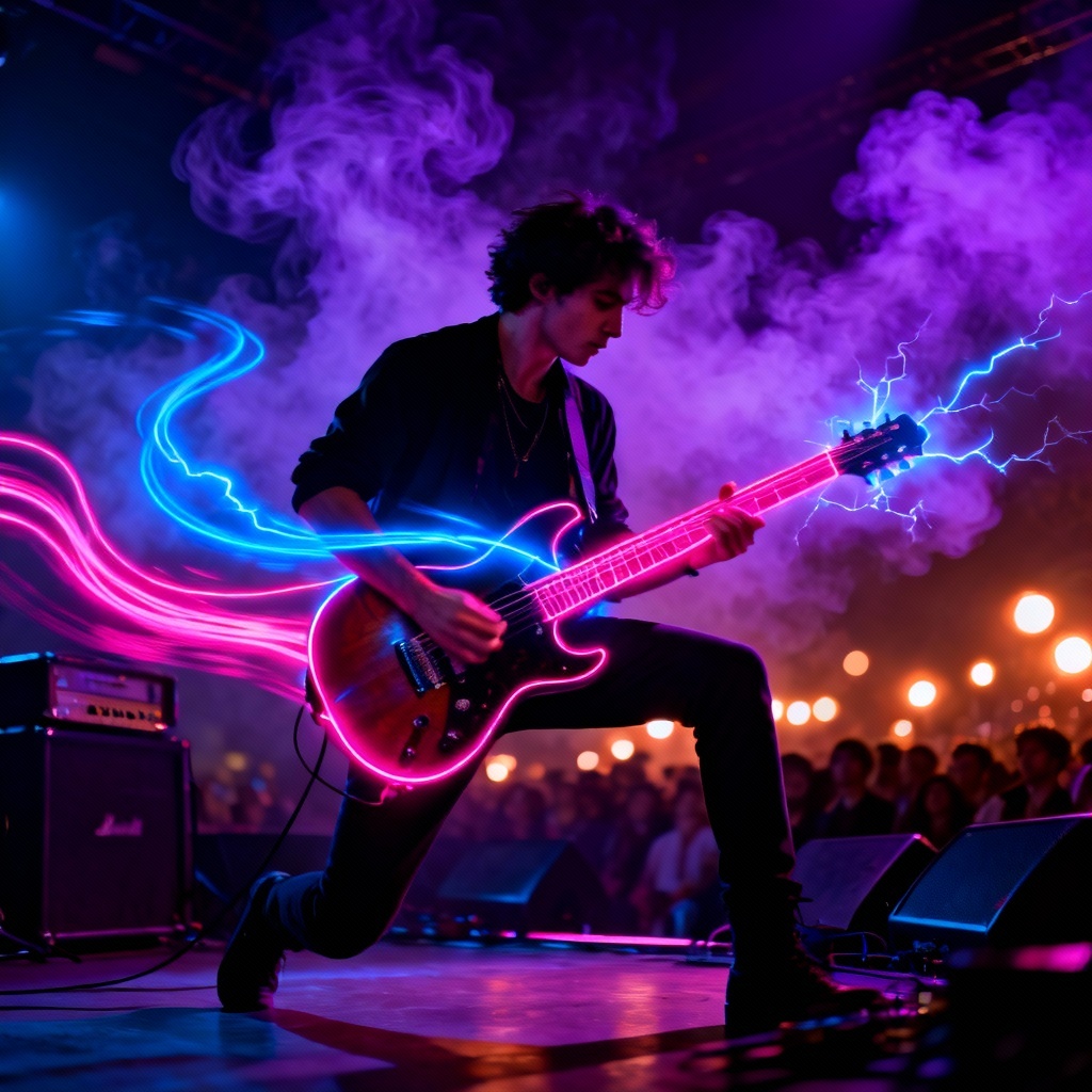 AI generated electric guitar hero on neon stage with dramatic lighting