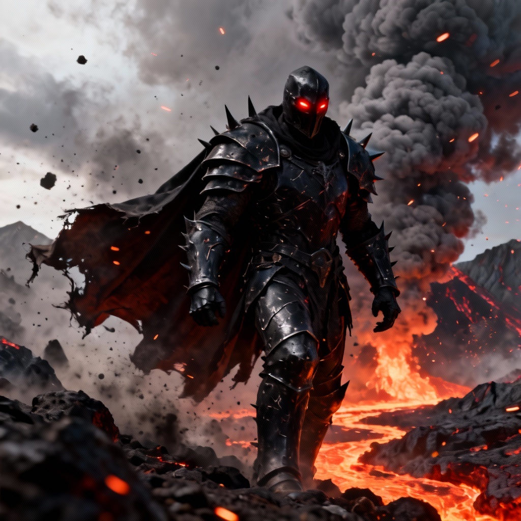 Dark warlord in black armor with red eyes and volcanic battlefield