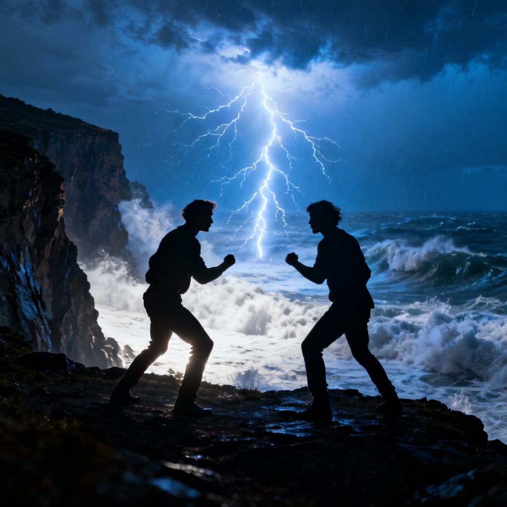 Stormy cliff confrontation scene