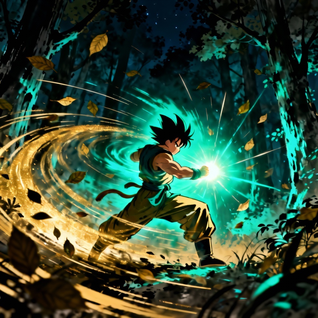 AI Dragon Ball style ki charge in glowing forest