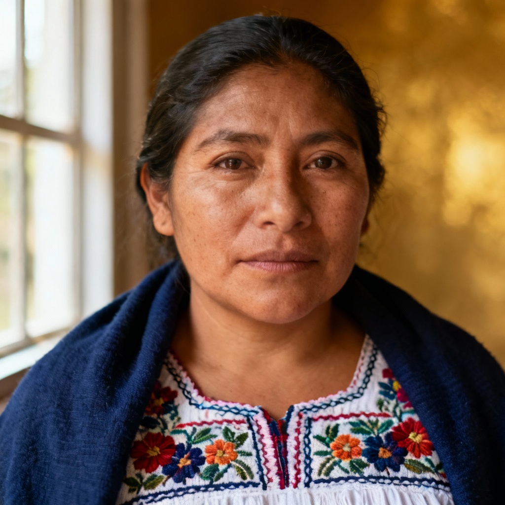 AI portrait featuring a floral huipil and rebozo