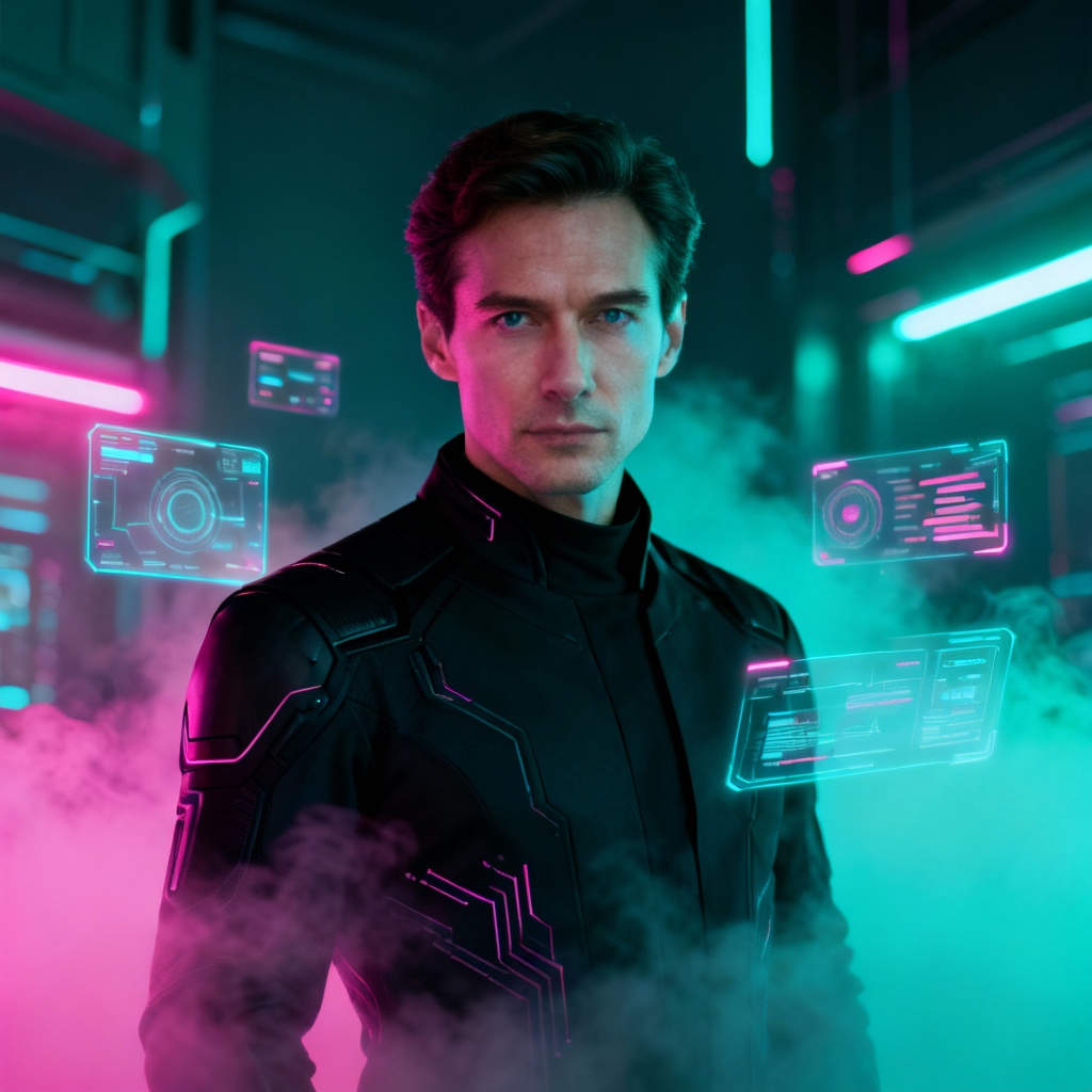 AI Cyberpunk Tech Boss with holographic UI