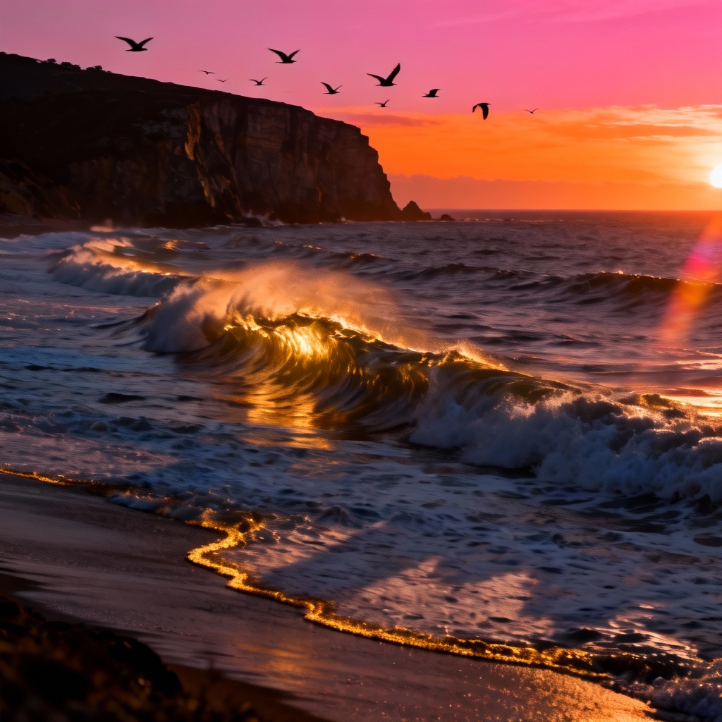 AI cinematic evening waves below seaside cliffs