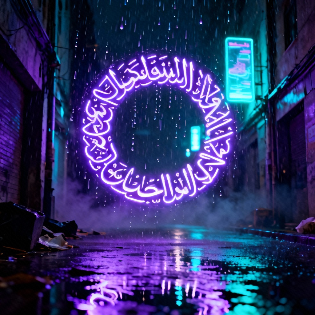 AI glowing Arabic calligraphy portal in a cyber alley