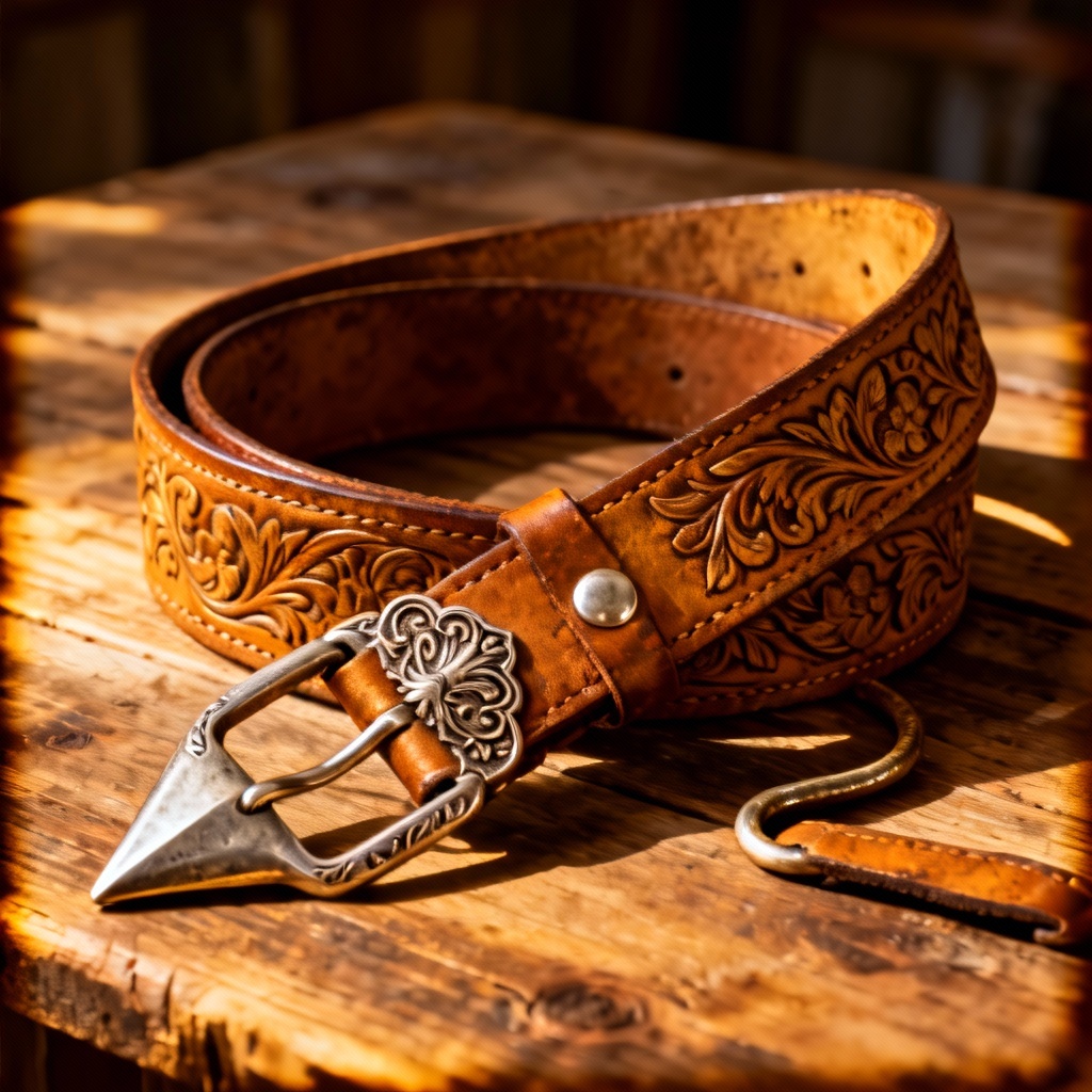 AI western tooled leather belt with engraved silver buckle