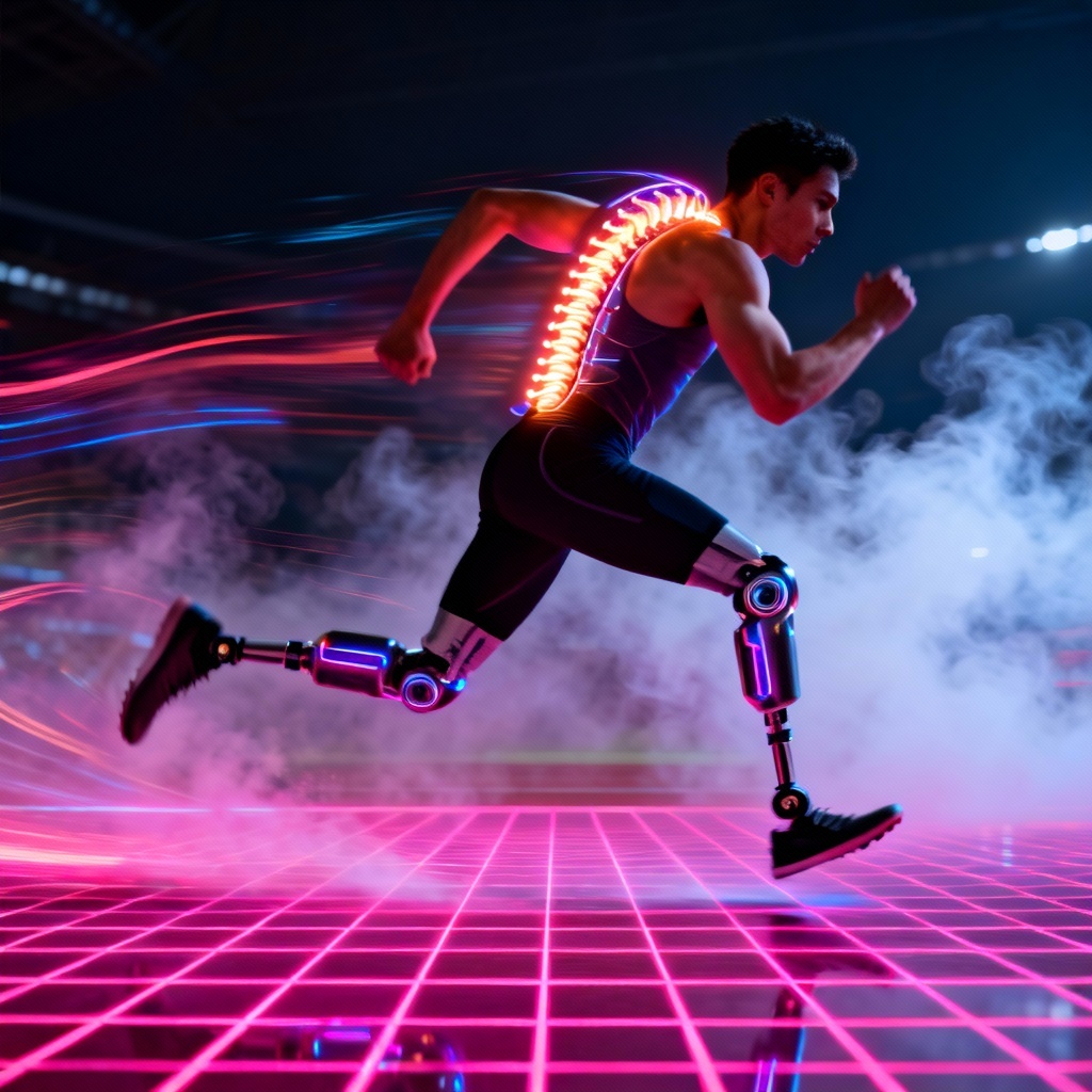 AI cybernetic athlete sprinting on neon grid