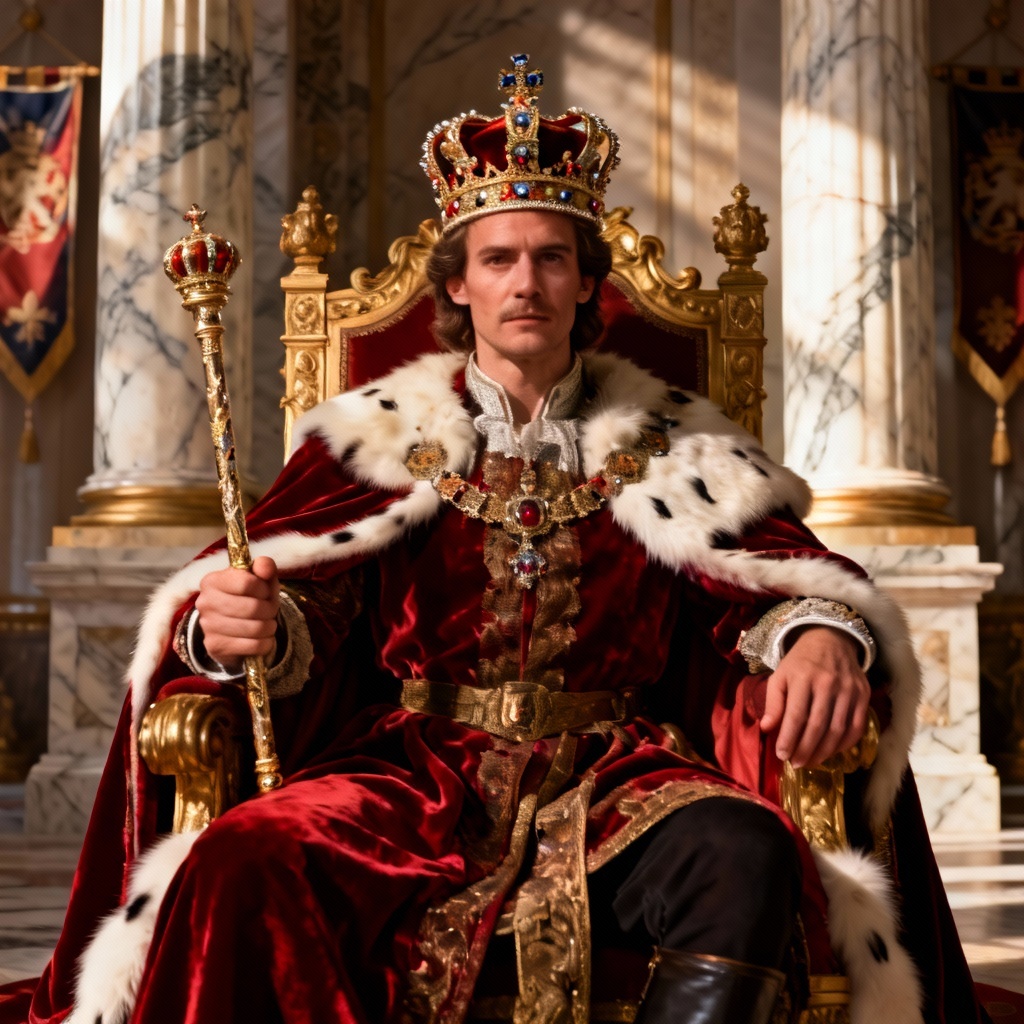 AI emperor on a golden throne with crown and scepter