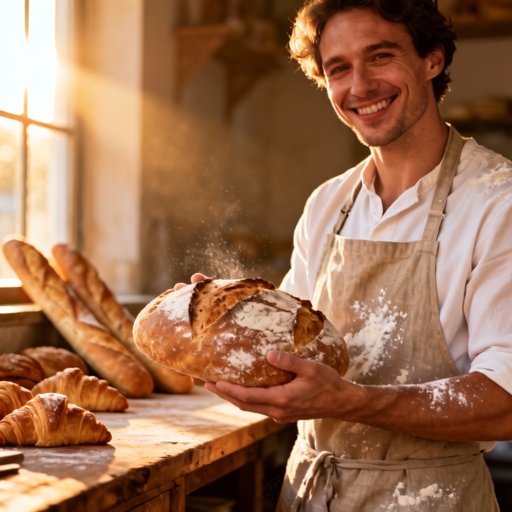 AI artisan baker portrait in a warm, rustic bakery