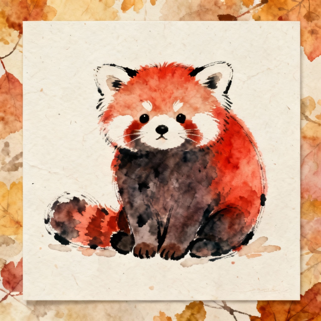 AI round red panda with short limbs in watercolor