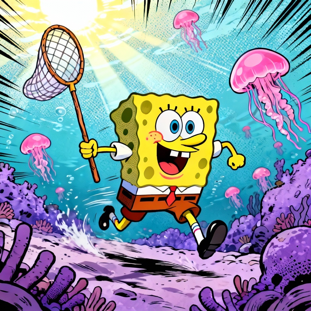 AI SpongeBob-style jellyfish adventure scene