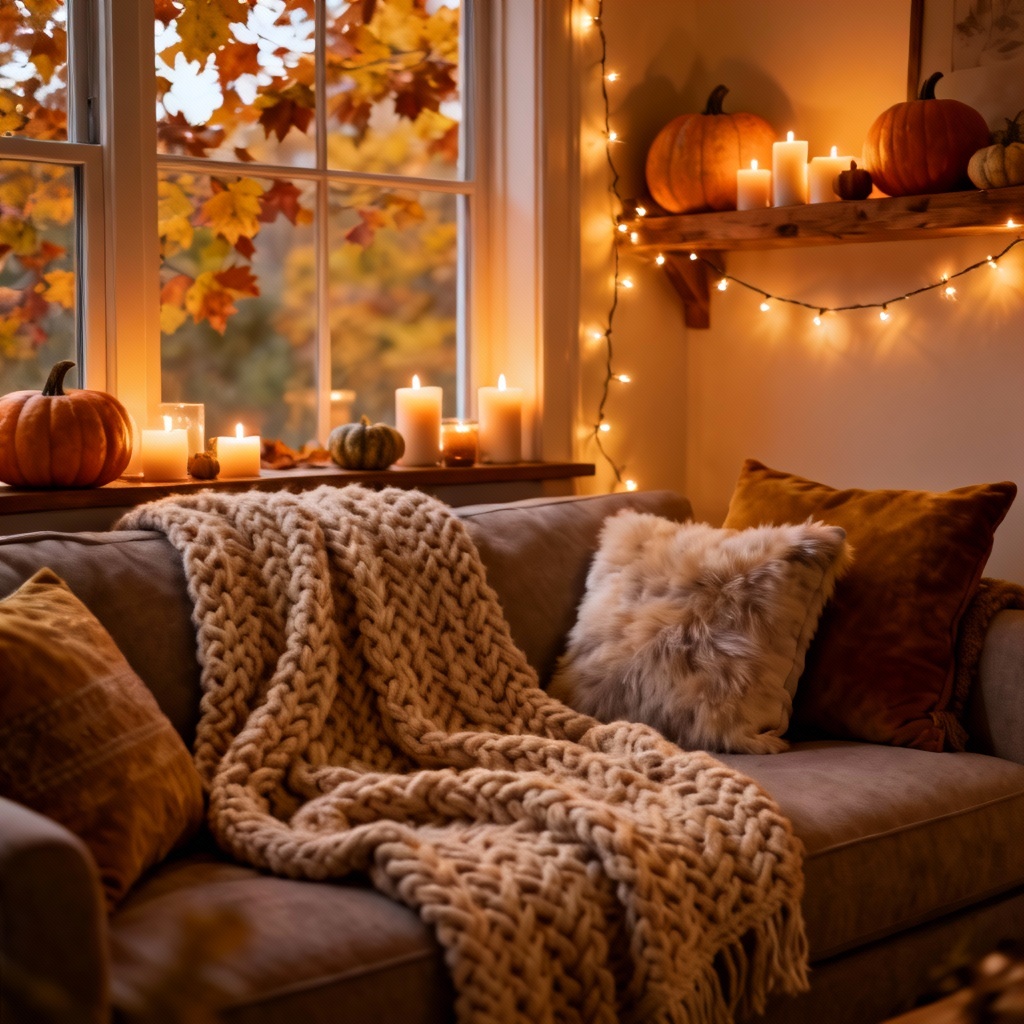 AI Autumn Couch With Chunky Blanket And Candles