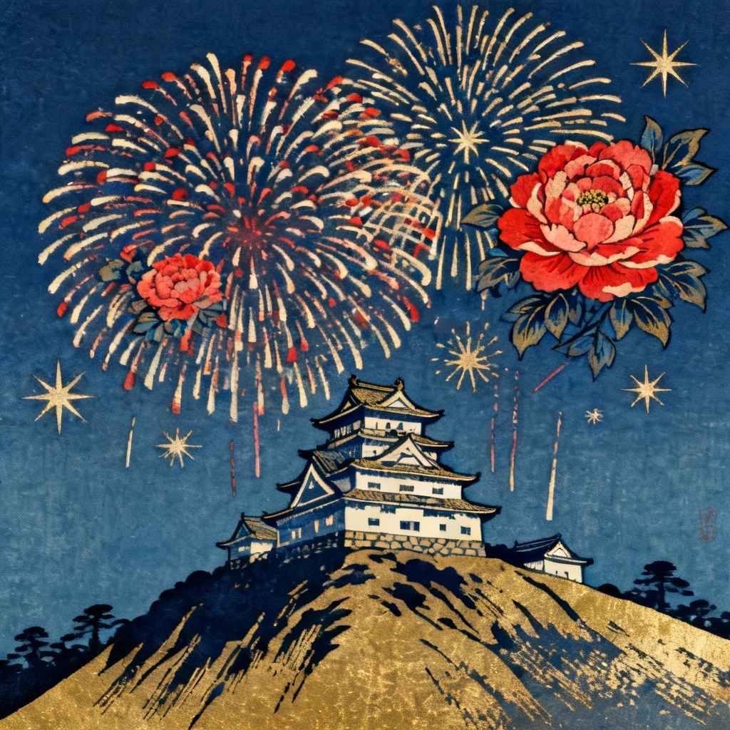 Ukiyo-e style fireworks above a Japanese castle