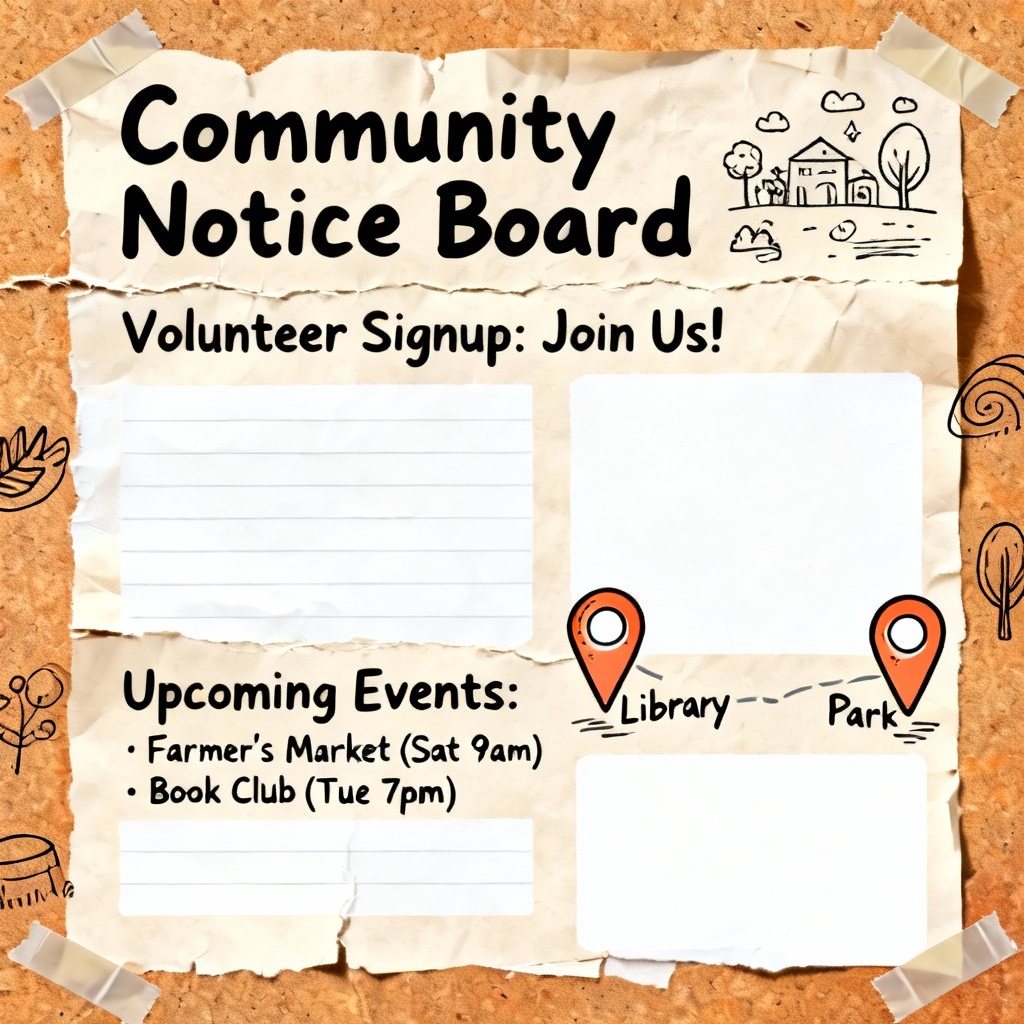 AI community event board with flyers and volunteer sign-up