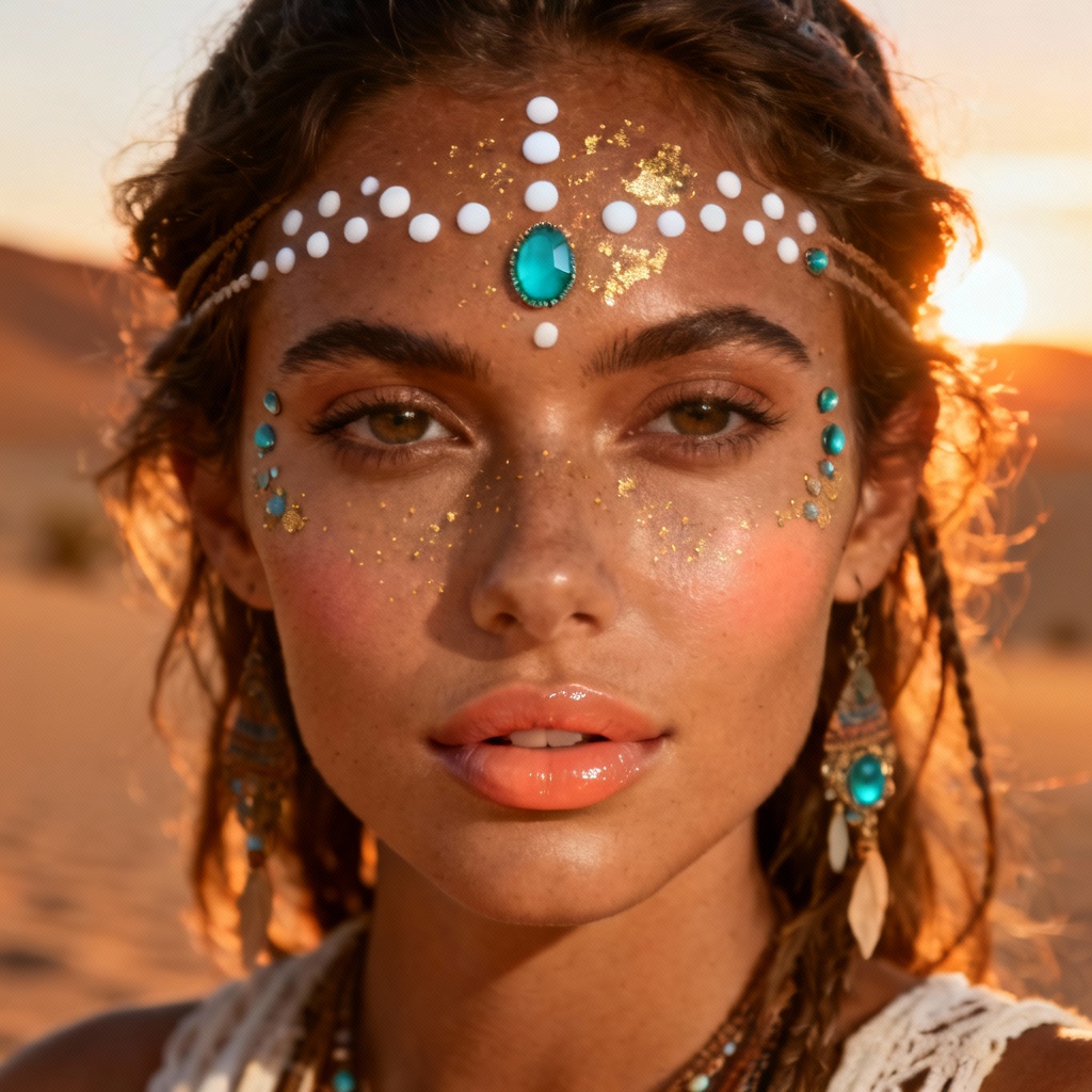 AI boho Coachella face gems and gold foil makeup