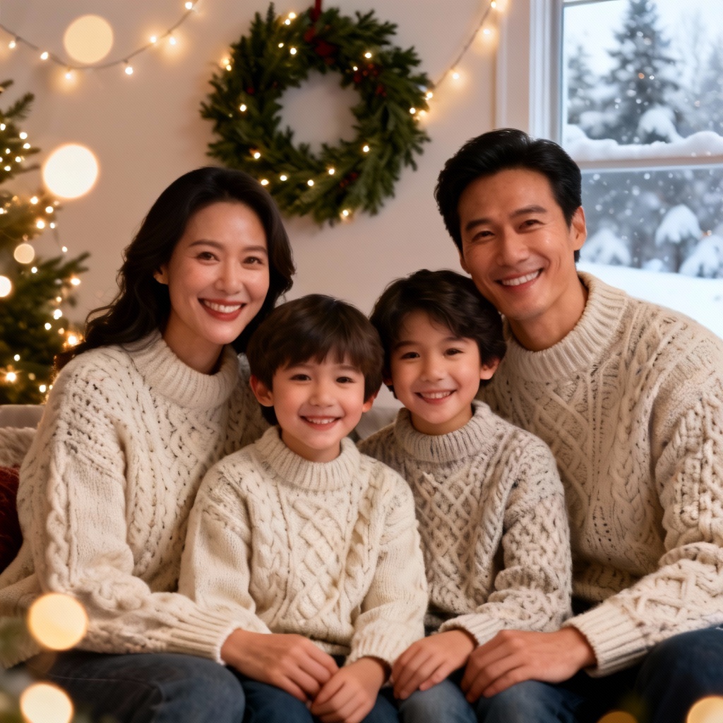 AI holiday family portrait with matching sweaters and winter decor