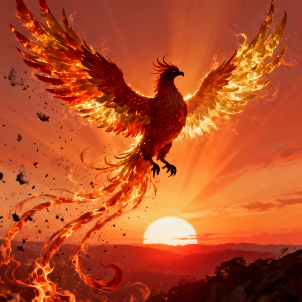 AI phoenix made of solar fire and embers