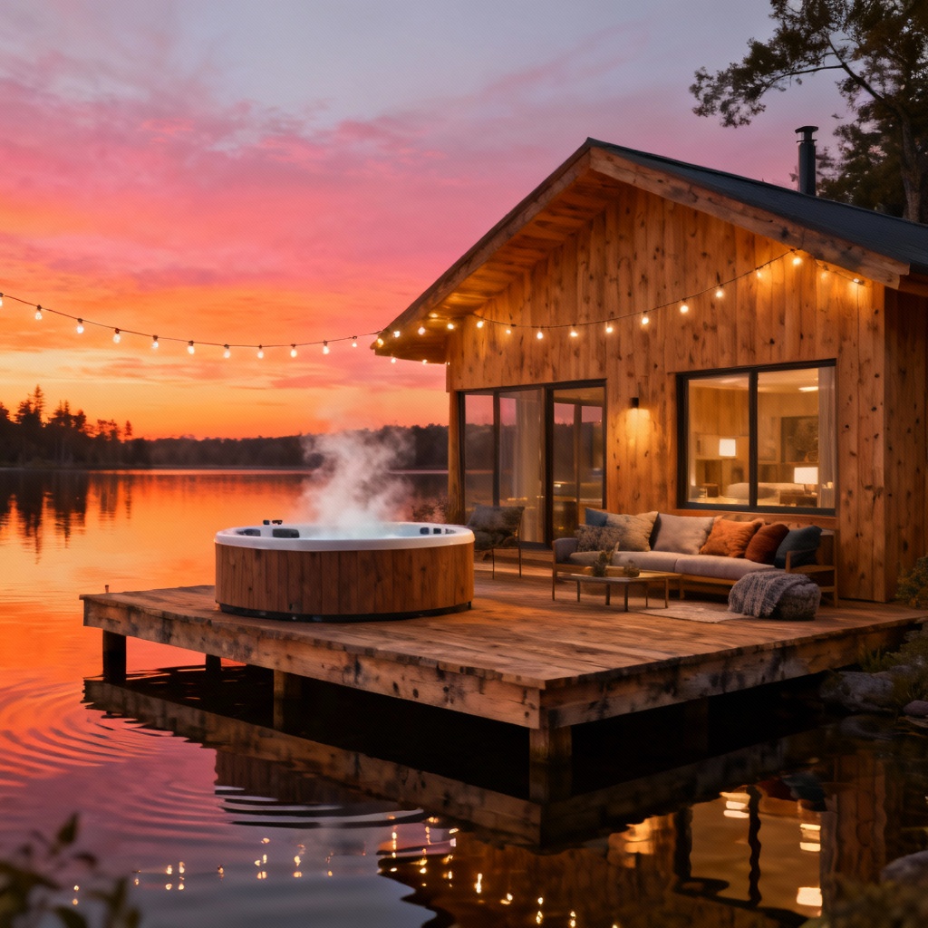 Lakeside cabin with hot tub and string lights