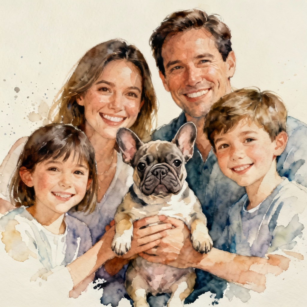 AI watercolor family with French bulldog