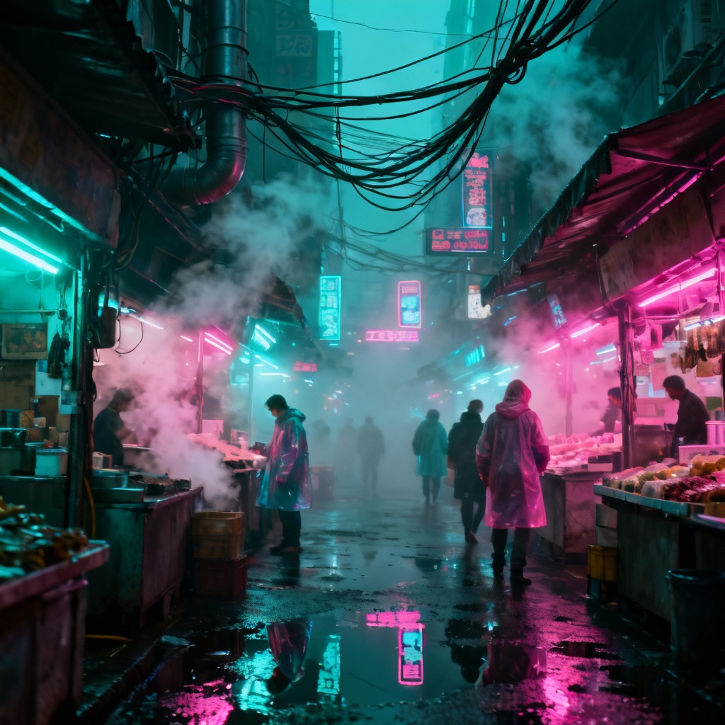 AI cyberpunk market alley with neon stalls and rain