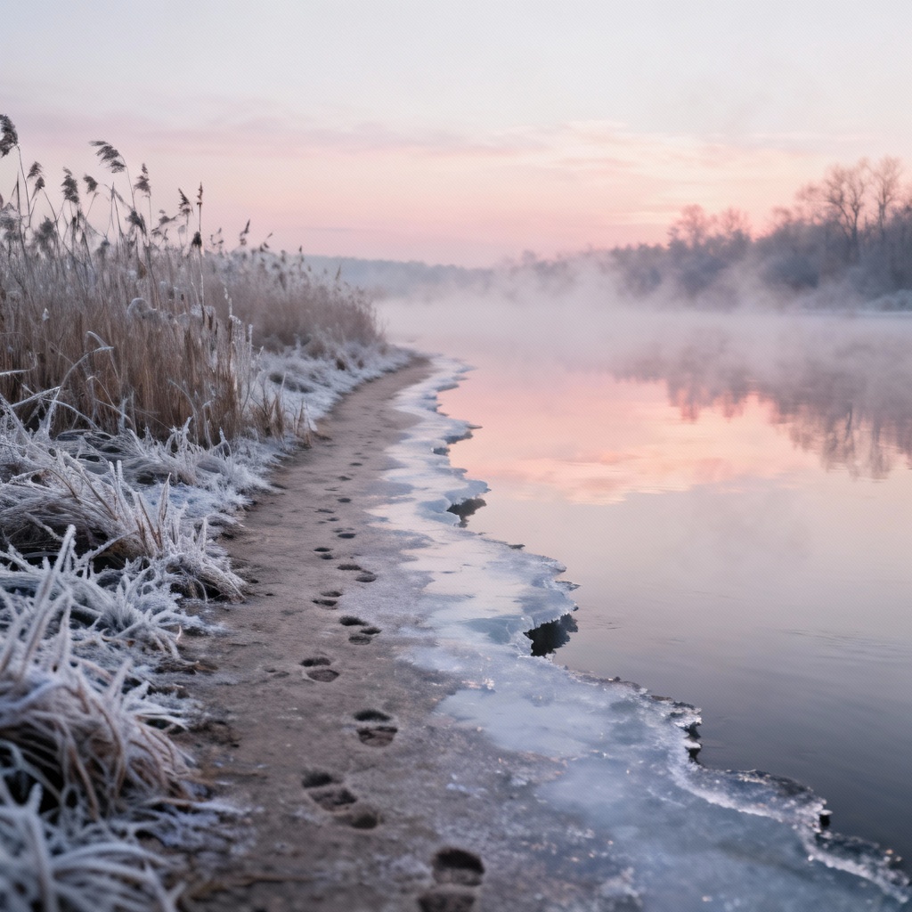 Frosted riverside path with pale sunrise and light snow