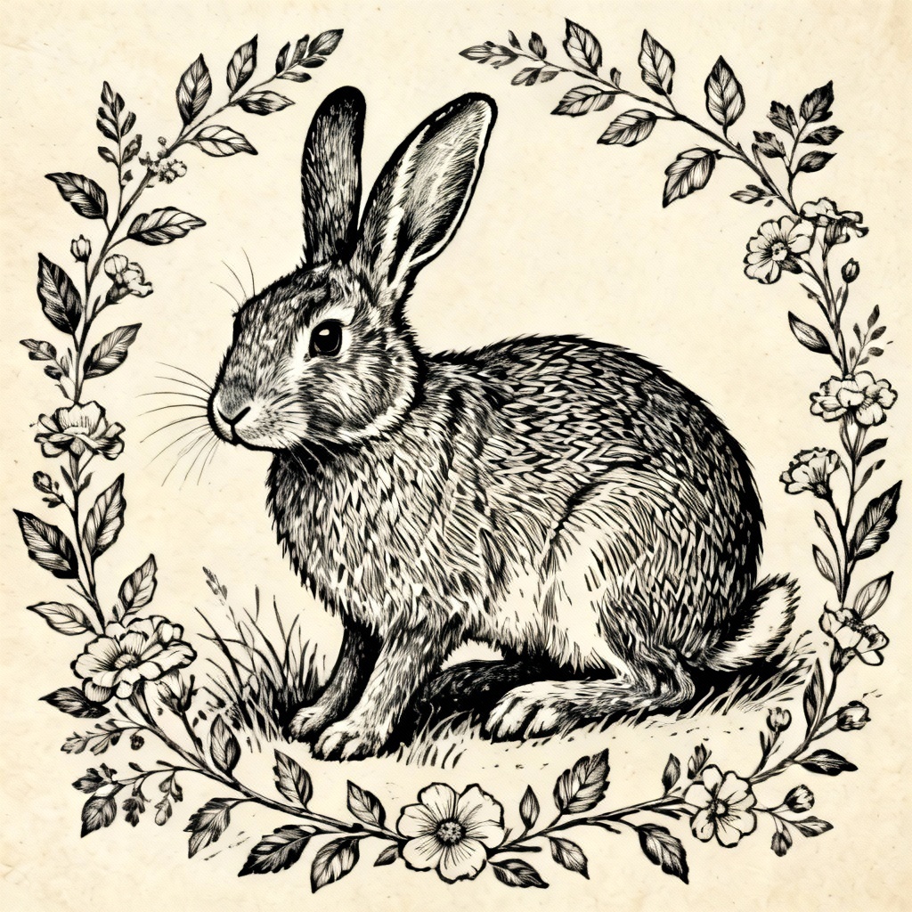 Vintage ink sketch of a rabbit with botanical border