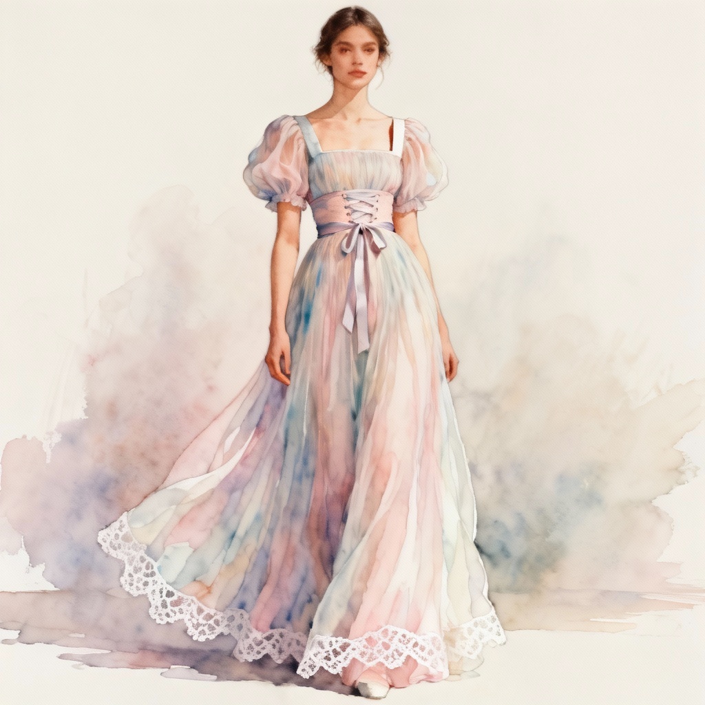 AI-generated empire waist dress illustration with chiffon drape and square neckline