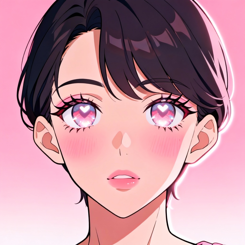 AI yandere profile picture with heart pupils and soft pink glow
