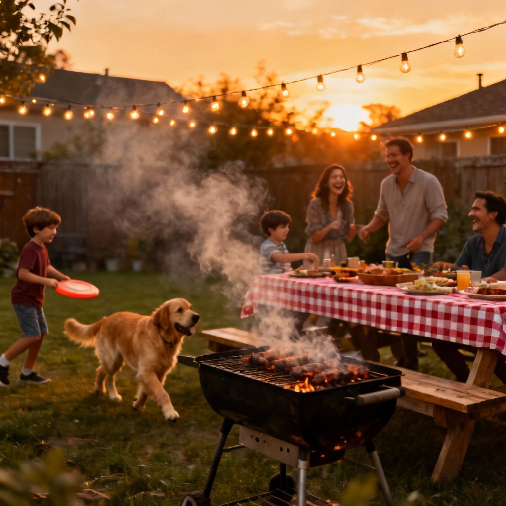 AI backyard barbecue party with string lights