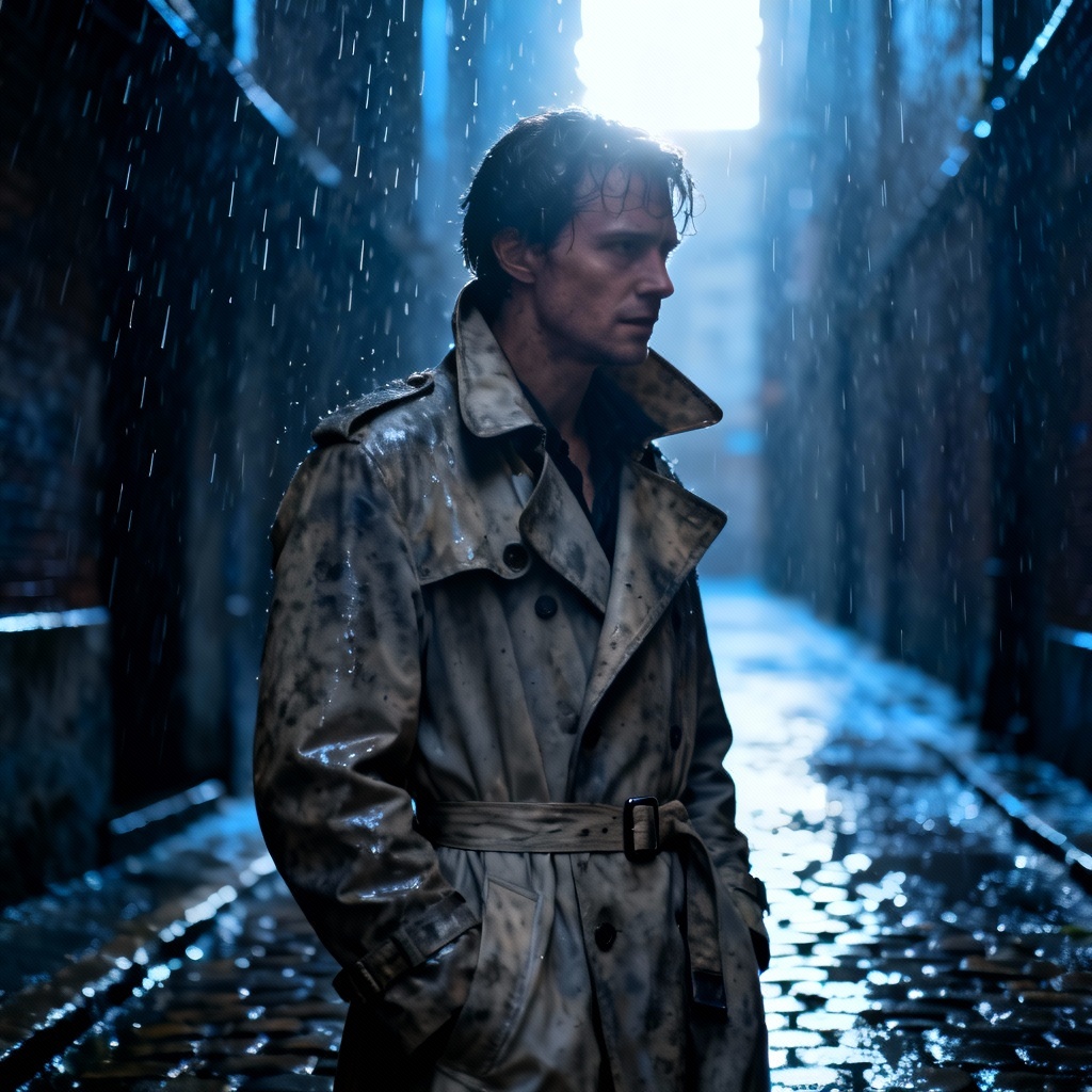 AI weathered rain-soaked vintage trench coat in alley scene