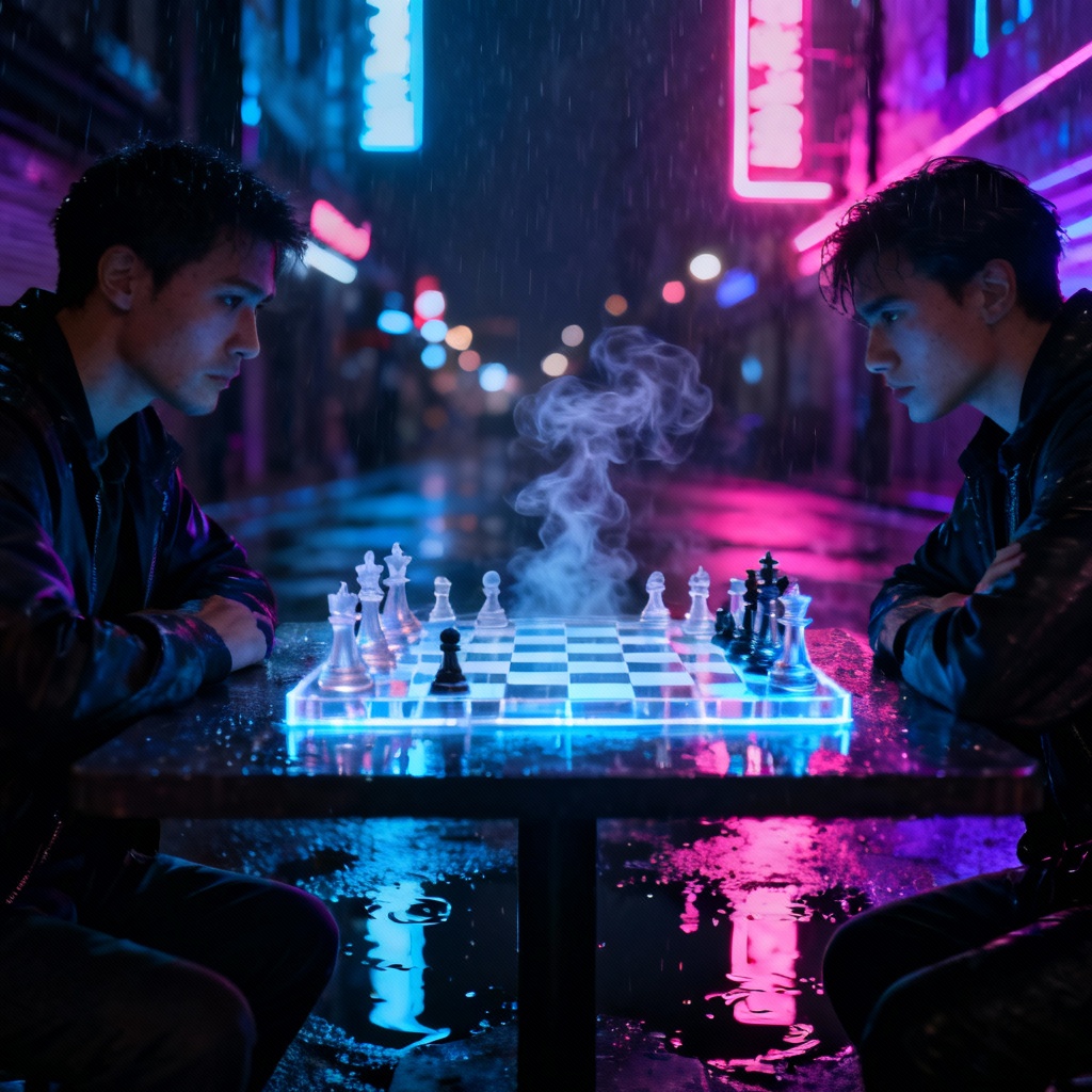 Neo noir rainy city chess duel under neon signs