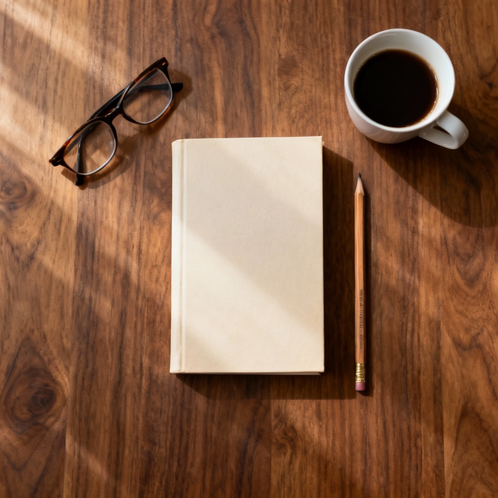 Flat lay paperback book mockup on wooden desk