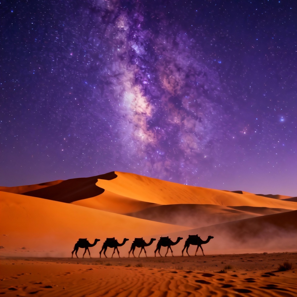 AI desert caravan under milky way
