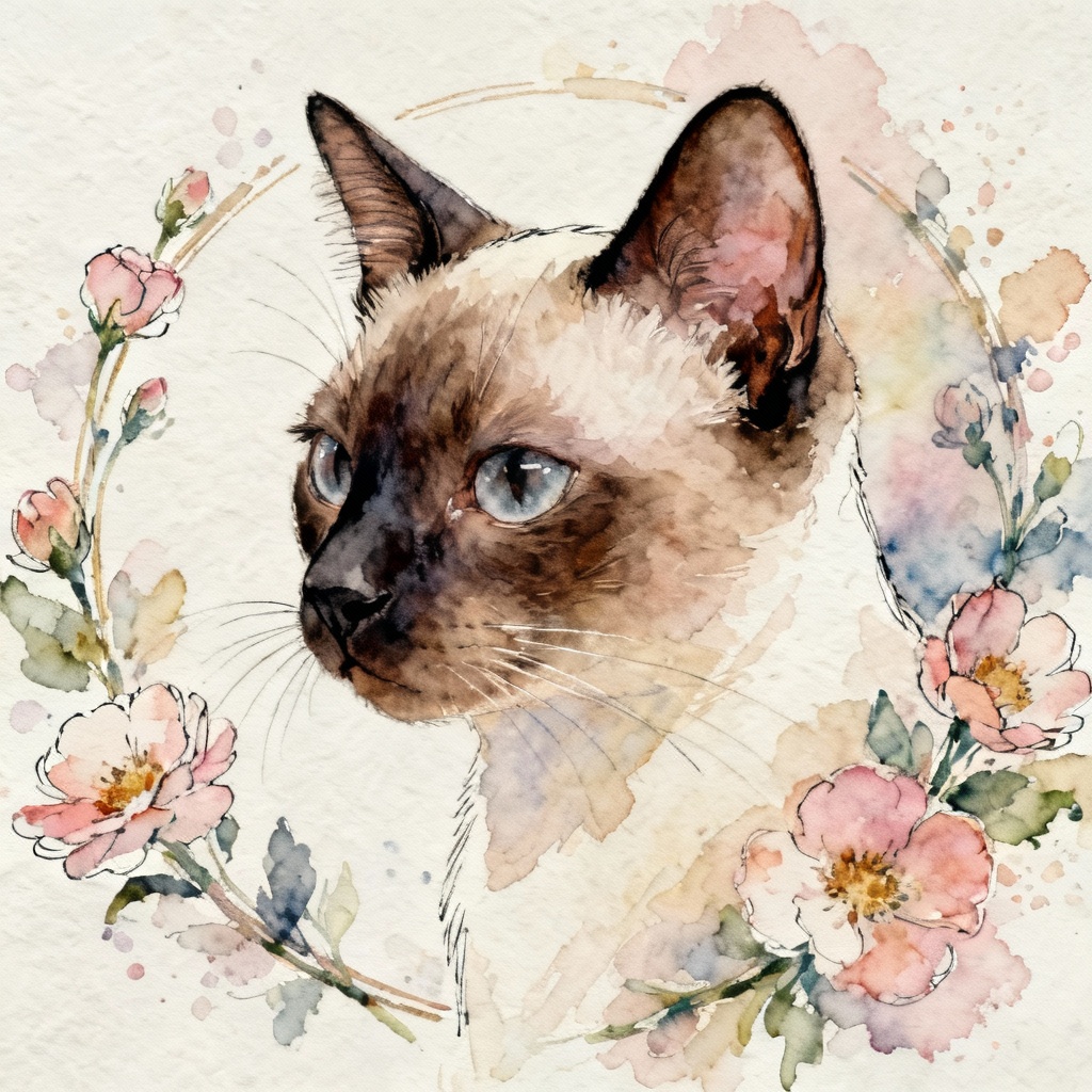 Watercolor AI cat portrait of a Siamese with florals