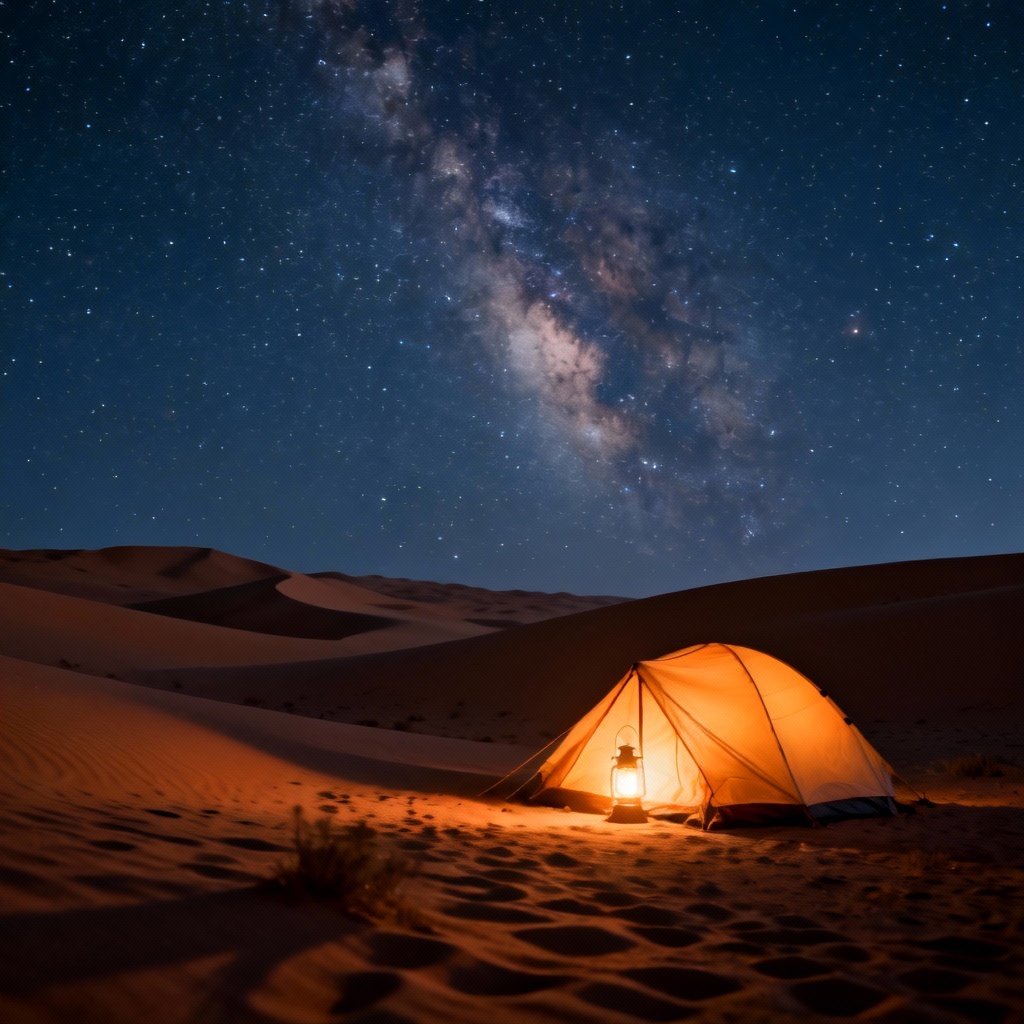 AI starry desert camp with milky way sky