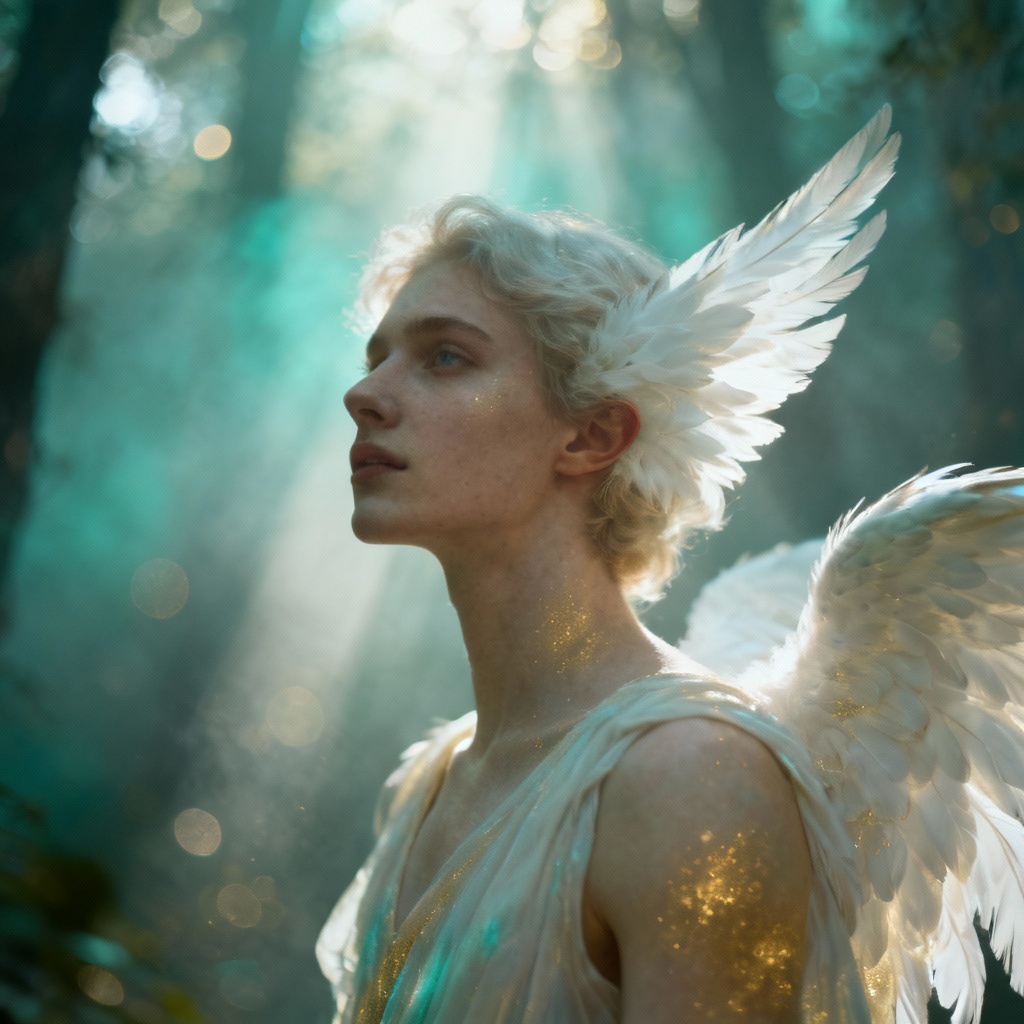 AI ethereal seraph in misty forest with god rays