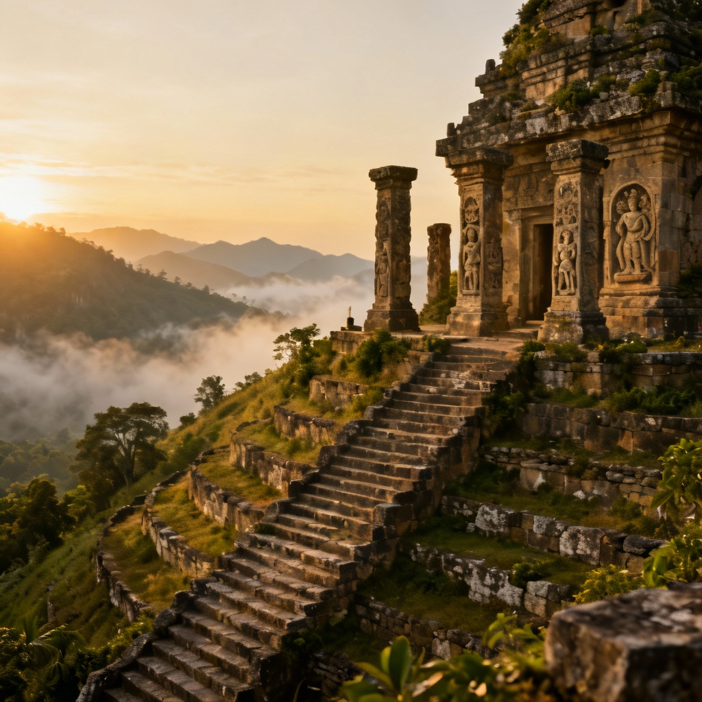AI-generated ancient stone temple at sunrise above a misty valley