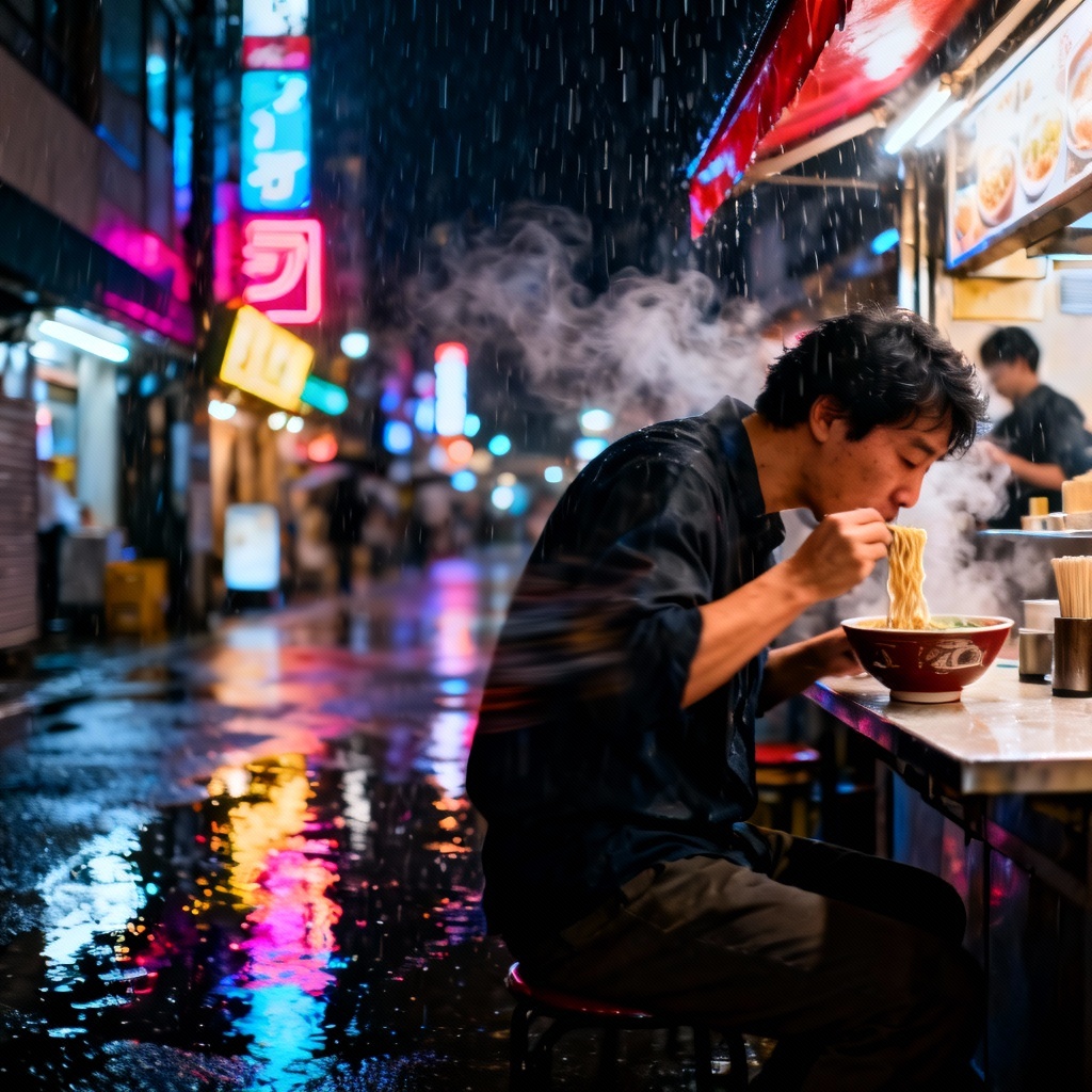 AI street food ramen slurping scene at night