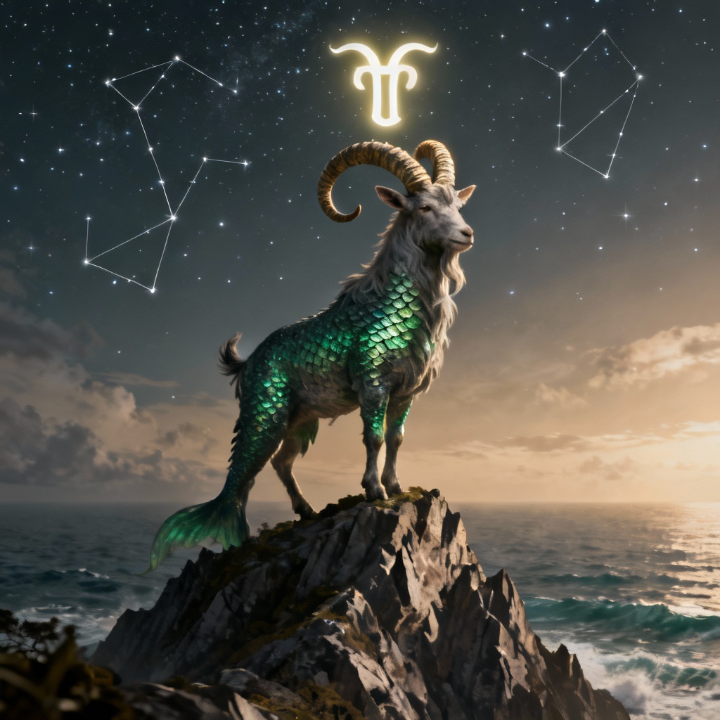 AI Capricorn sea-goat artwork with constellation and glyph