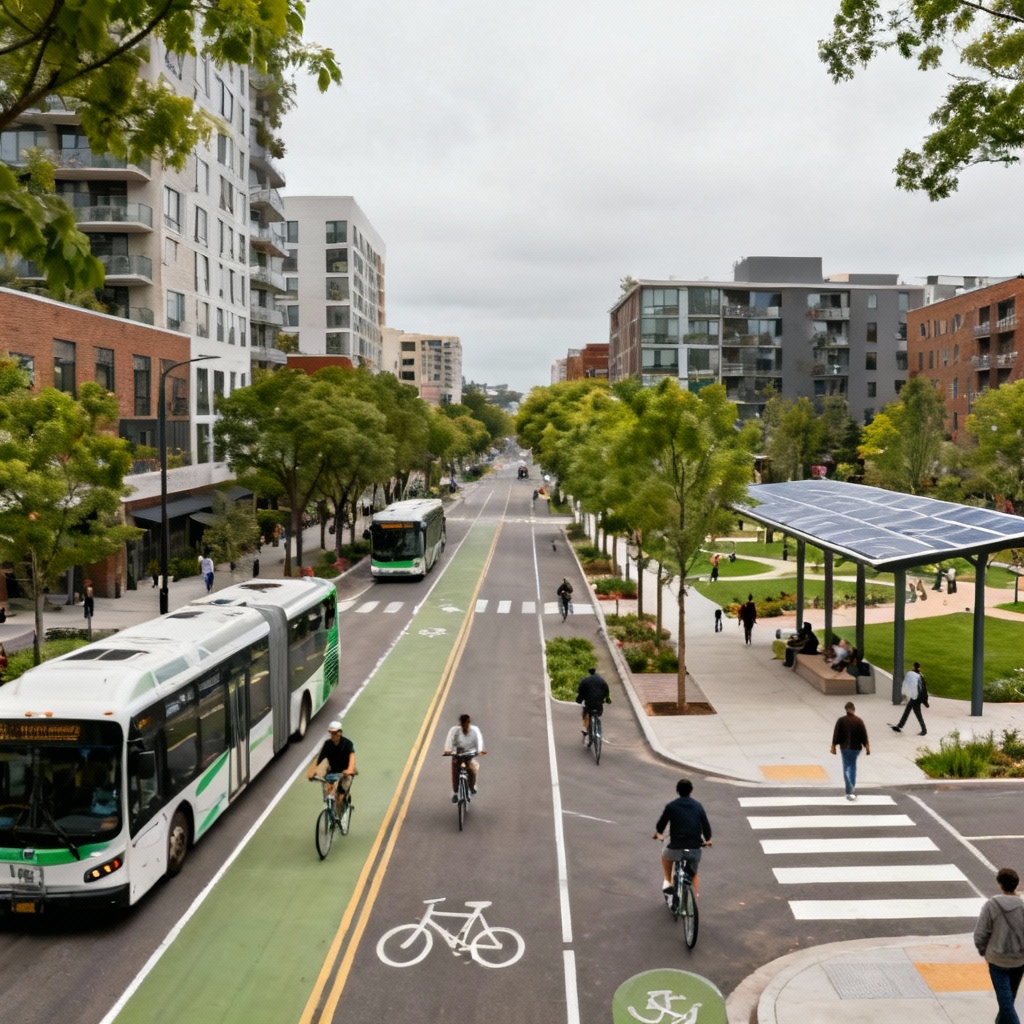 AI eco smart city boulevard with bike lanes and trees