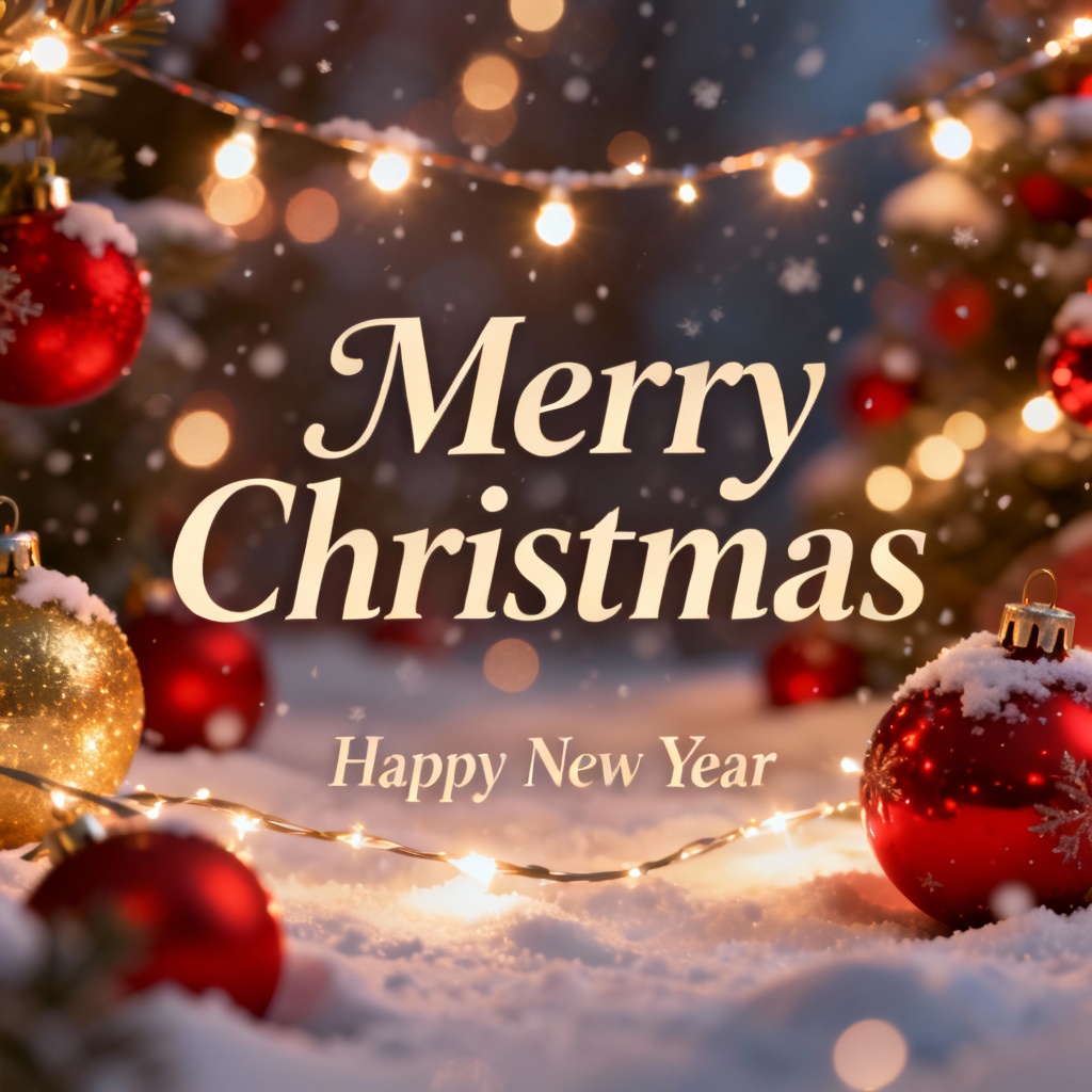 AI Merry Christmas and Happy New Year banner with snow, lights, and golden typography